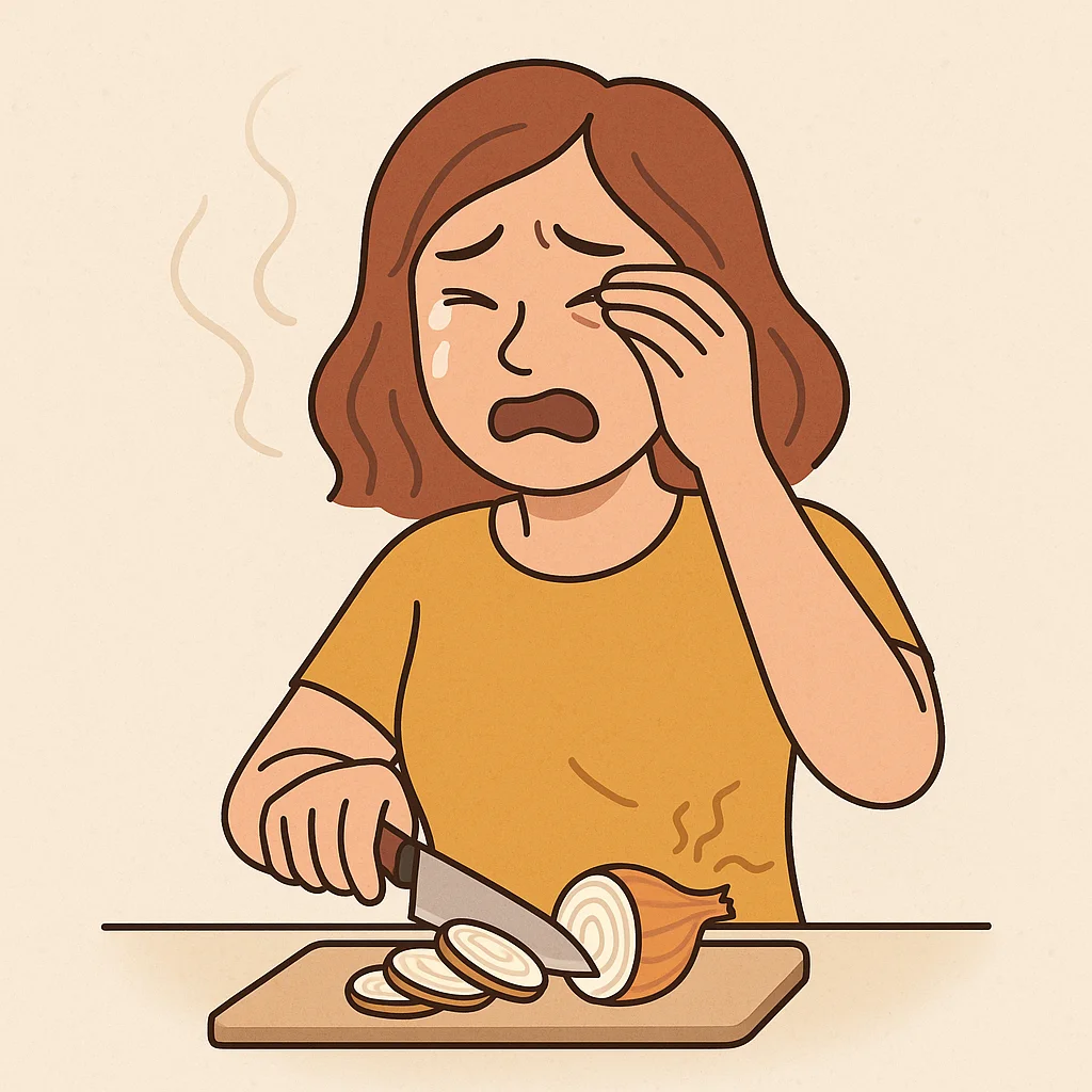 양파를 썰면서 눈이 매워 눈물을 흘리는 여성의 일러스트. 칼로 양파를 썰며 고통스러운 표정을 짓고 있음.