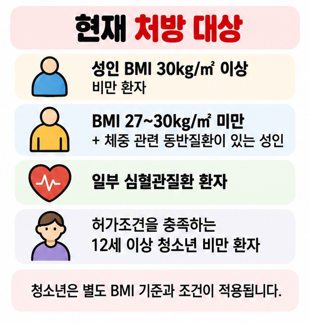 성인 BMI 기준과 체중 관련 동반질환 12세 이상 청소년의 별도 조건 등 현재 위고비 처방 대상을 보여주는 카드
