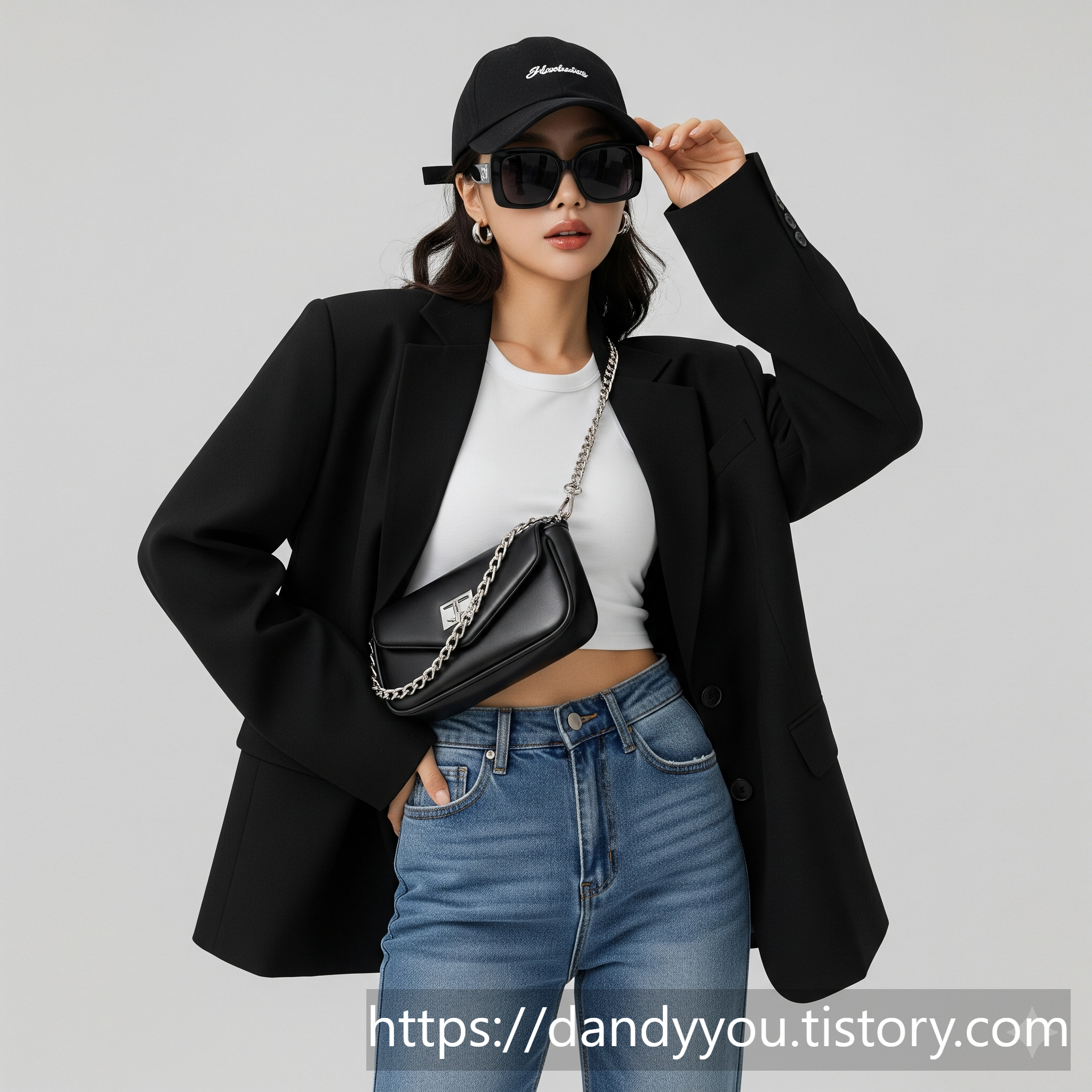 미니백 + 캡 모자 + 선글라스 패션 코디