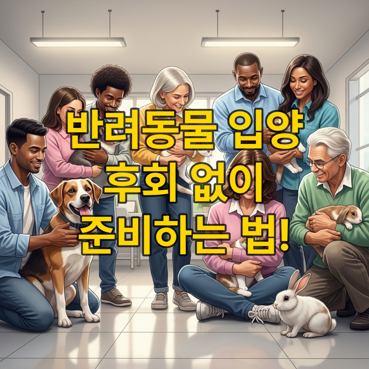 다양한 사람들이 보호소에서 입양된 유기견, 유기묘, 토끼와 행복하게 교감하는 모습. 입양의 기쁨과 책임감을 따뜻하게 담아낸 이미지.