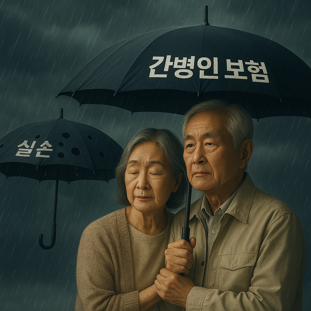 &quot;비바람 속에서 구멍 뚫린 실손보험 우산과, 노부부를 안전하게 지켜주는 튼튼한 간병인 보험 우산을 비교하는 모습.&quot;