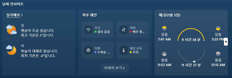 마이크로소프트 스타트 날씨의 인사이트 섹션