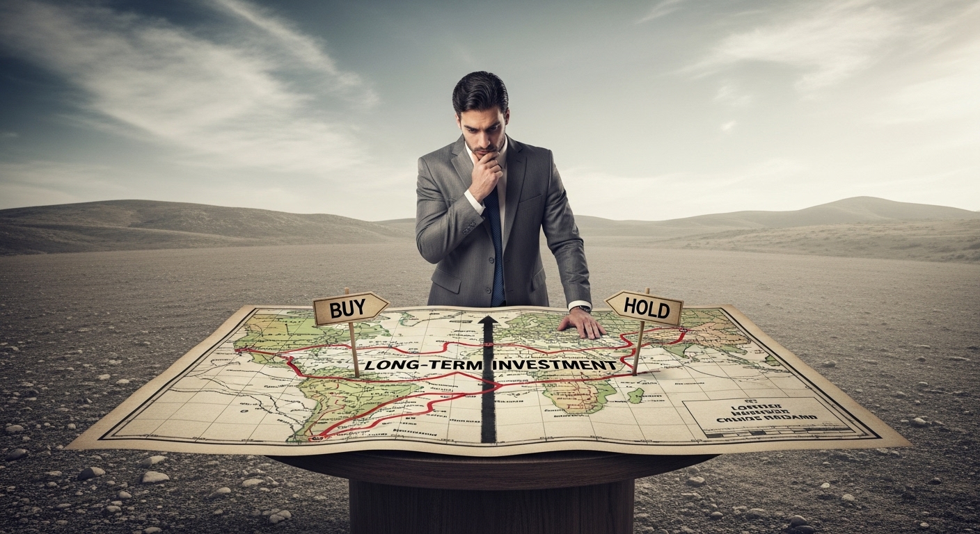Investor looking at a map at a crossroads between 'Buy' and 'Hold' signs. The map shows a 'Long-term Investment' route.