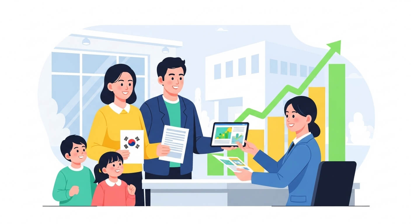 한가족이 창고앞에 같이 써서 상담을 받는듯한삽화