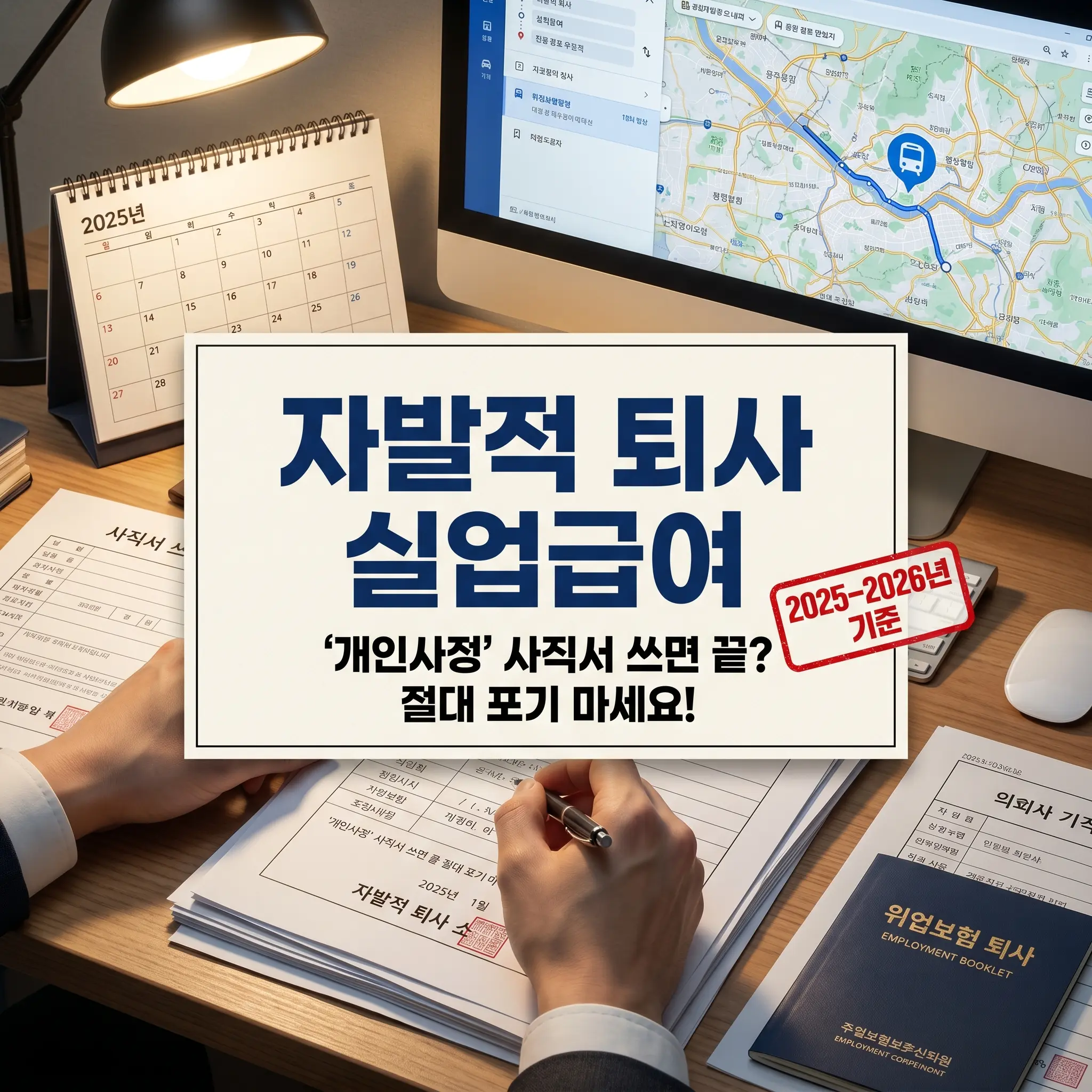 사직서에 개인사정 작성 시 실업급여 탈락 경고 및 자발적 퇴사 예외 인정 기준(질병, 통근 곤란)을 설명하는 2026년 실무 가이드 썸네일 이미지