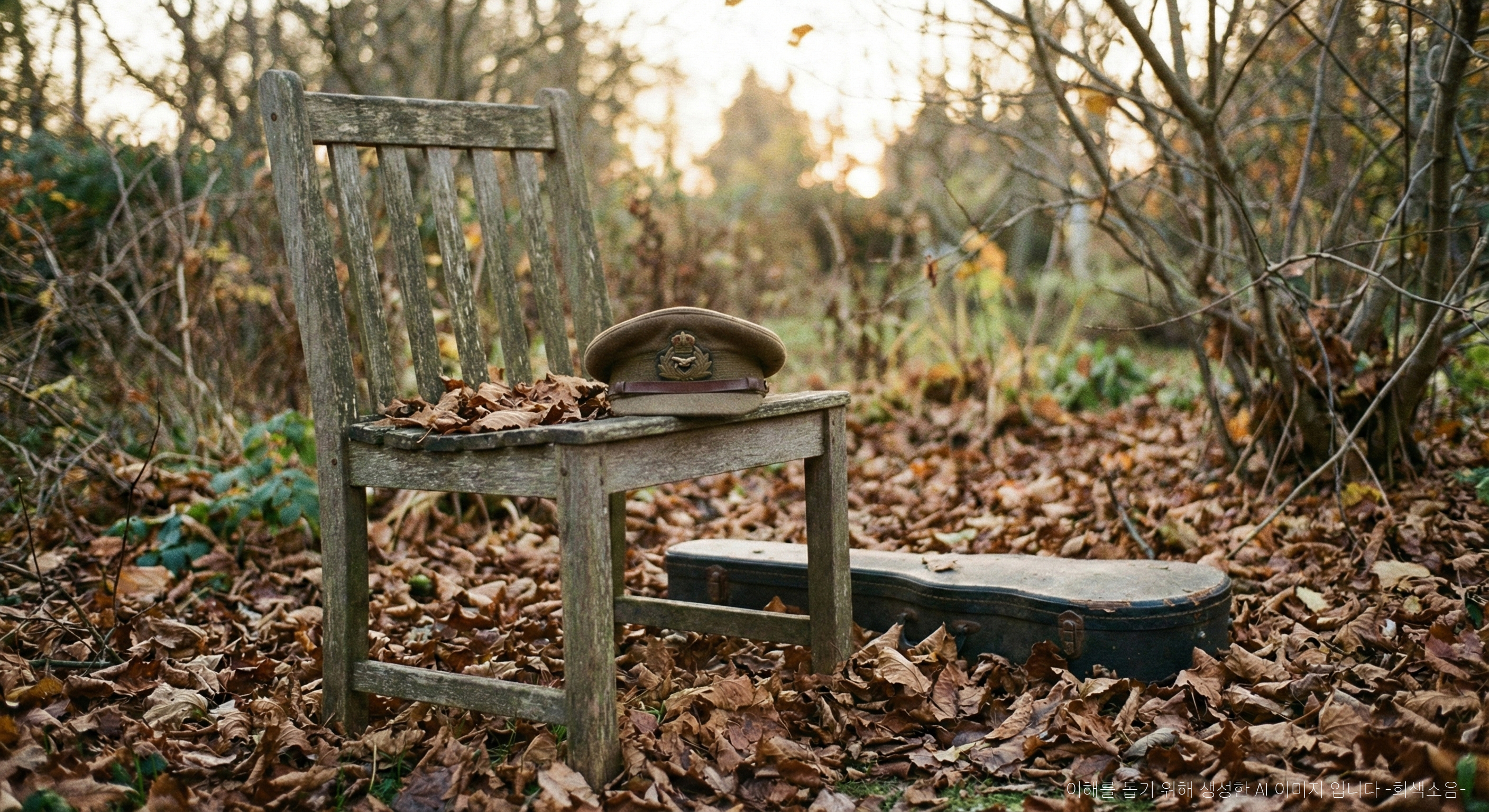 가을 정원 낙엽 사이에 빈 나무 의자와 그 위에 놓인 군모가 부드러운 황금빛 햇살에 비치는, 고요하고 향수 어린 스틸라이프 사진.