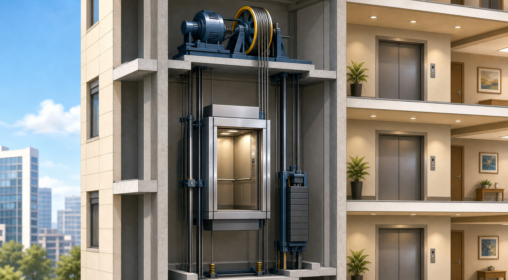 Educational illustration showing an elevator car, cables, and motor in a building