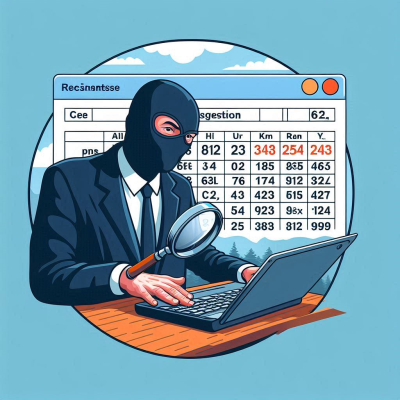 "해커가 엑셀 시트에서 데이터를 조작하는 모습. 화면에 복잡한 숫자들이 나타나고 있다."