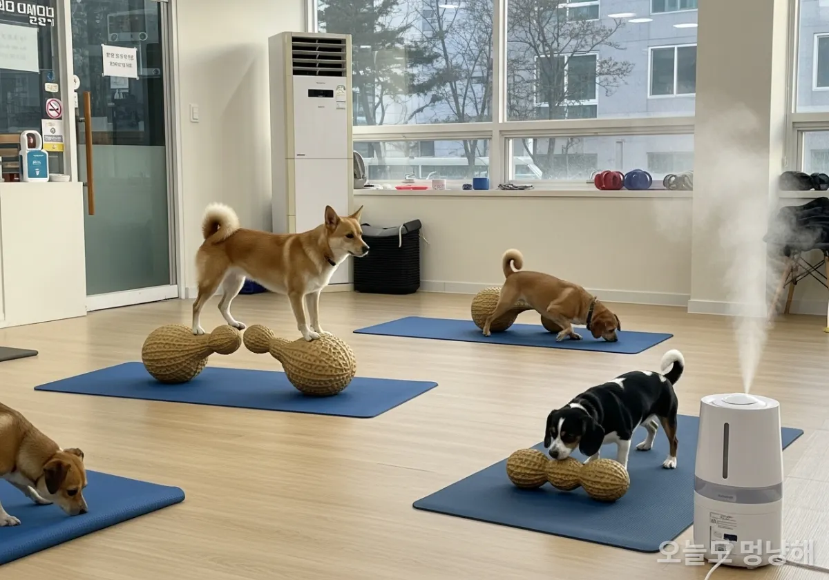 겨울철 실내에서 짐볼 운동과 노즈워크를 하며 체력을 기르는 강아지들