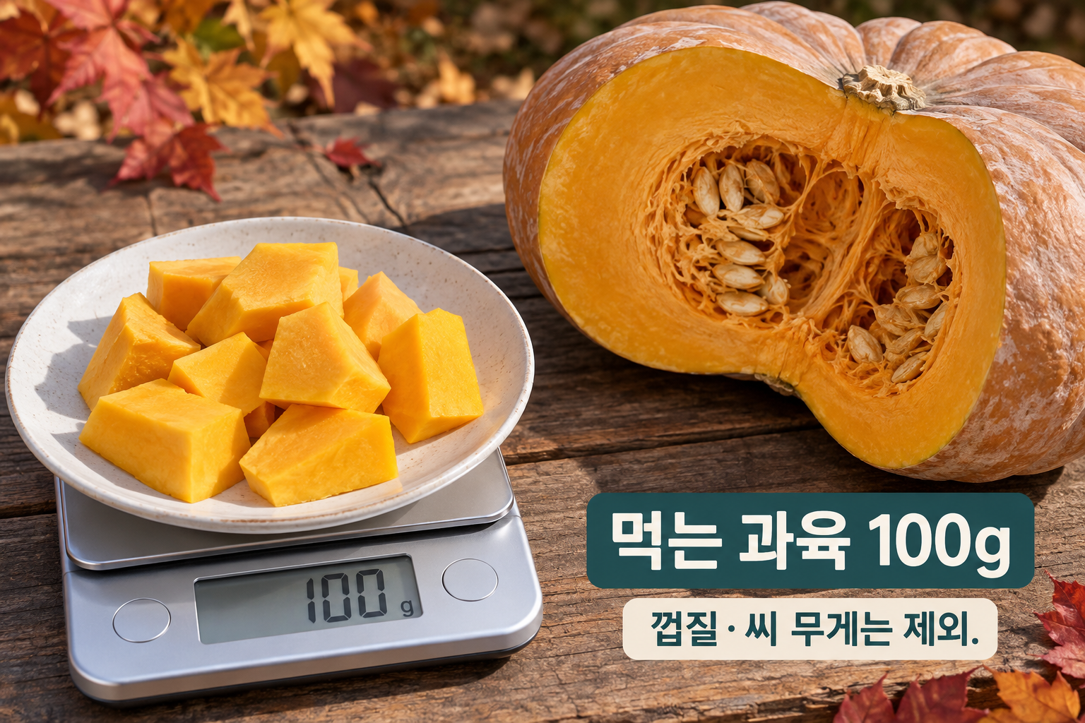 껍질과 씨를 제외한 늙은호박 생과육 100g을 저울에 덜어 놓은 장면.