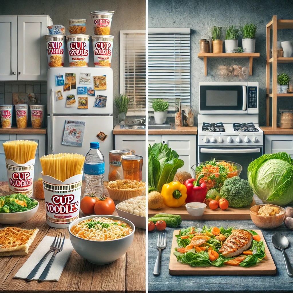 즉석식품과 건강식 비교 사진