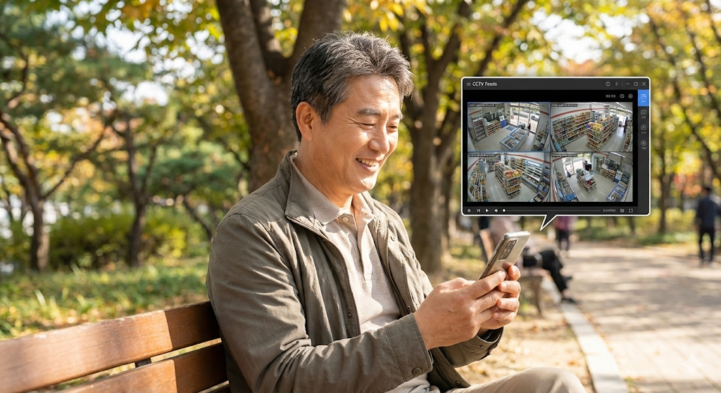 스마트폰으로 매장 CCTV를 확인하며 웃고 있는 중년 점주