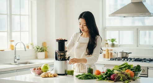 햇살이 드는 부엌에서 콜드프레스 주스 만드는 모습