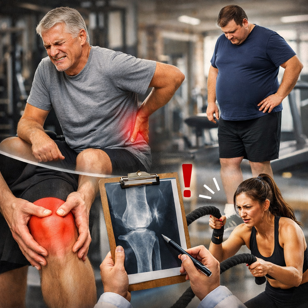 헬스 초보자가 운동 강도를 너무 빨리 올렸을 때 발생할 수 있는 무릎과 허리 관절 통증 주의 이미지