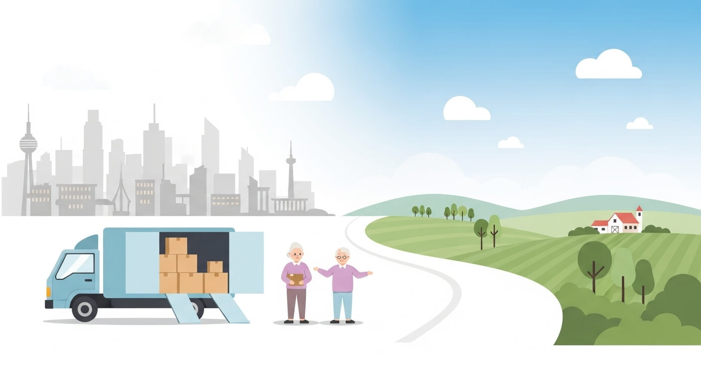 노부부가 짐을 싣고 도시에서 시골로 이주하는 장면. 3