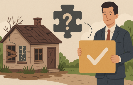 "노후 빈집 문제 해결을 표현한 일러스트, 낡은 집 옆에 정장을 입은 관리자가 해결책을 상징하는 체크 표시를 들고 있는 모습"