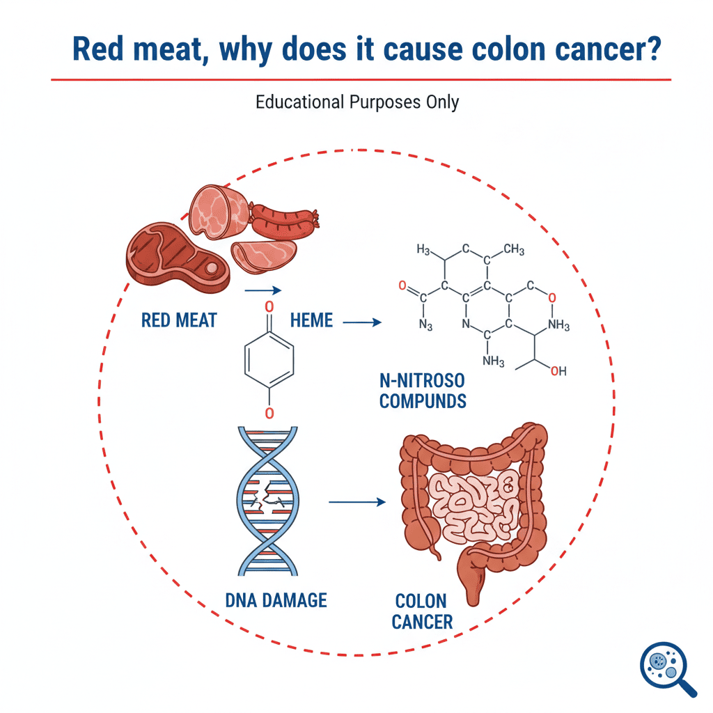 소고기·햄·소시지 등의 음식이 장내에서 heme → N-니트로화합물 → DNA 손상으로 이어지는 과정을 도식화한 이미지