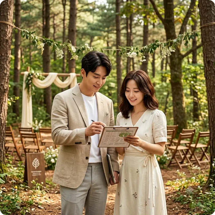 국립공원 숲 결혼식을 준비하는 예비부부