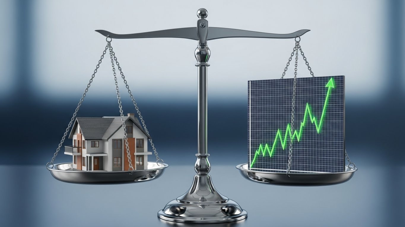 A balanced scale with a house on one side and a rising stock chart on the other, symbolizing the shift in asset allocation, professional style.