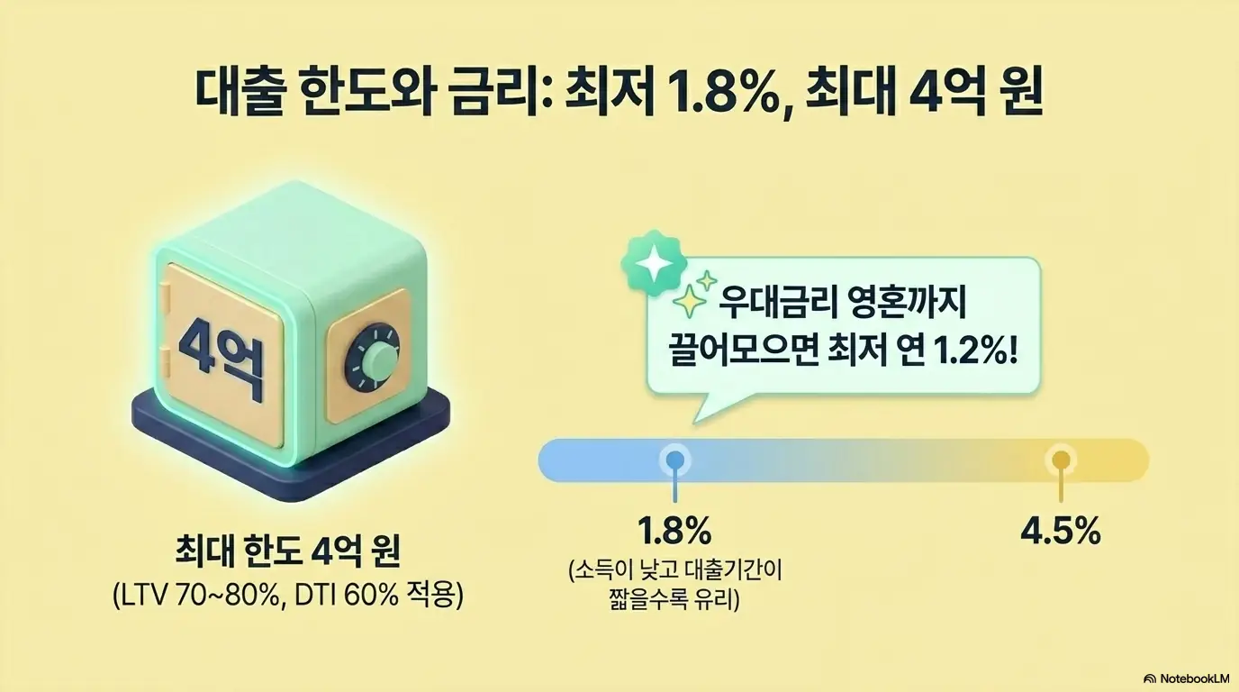 신생아 특례 대출 조건: 신생아 특례 대출 한도와 금리를 금고와 막대그래프로 표현한 이미지. 최대 한도 4억 원&amp;#44; 특례금리 연 1.8%에서 4.5%&amp;#44; 우대금리까지 더하면 최저 연 1.2%까지 낮아지는 금리 구조를 보여줌. 