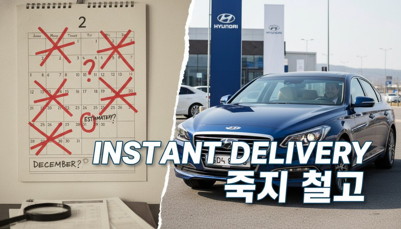 오랜 대기 기간을 나타내는 달력과 즉시 출고되는 그랜저 페이스리프트를 비교하는 이미지.