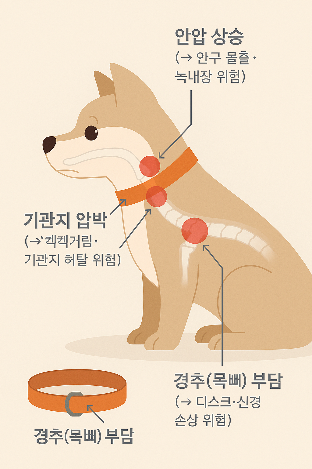 강아지의 목 부분 해부도(단순화)
목줄이 닿는 위치에 붉은색 압박 지점 표시한 일러스트
각 압박 지점에 화살표와 함께 다음 텍스트 표기
기관지 압박 (→ 켁켁거림·기관지 허탈 위험)
경추(목뼈) 부담 (→ 디스크·신경 손상 위험)
갑상선 압박
안압 상승 (→ 안구 돌출·녹내장 위험)을 표시한 모습