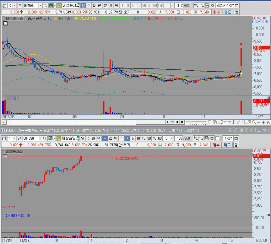 대상홀딩스 일봉 및 분봉
