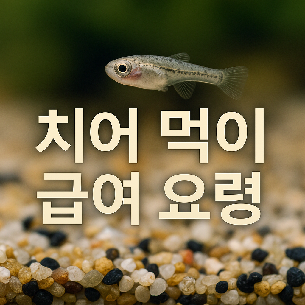물고기 치어 한 마리가 알록달록한 자갈 위를 유영하고 있으며, 부드럽게 흐려진 수조 배경 위로 "치어 먹이 급여 요령"이라는 한글 문구가 선명하게 강조된 이미지. 치어의 연한 반투명 몸체와 생생한 자갈 질감이 조화를 이루며, 열대어 초보자 가이드를 연상시키는 따뜻한 분위기를 전달합니다.