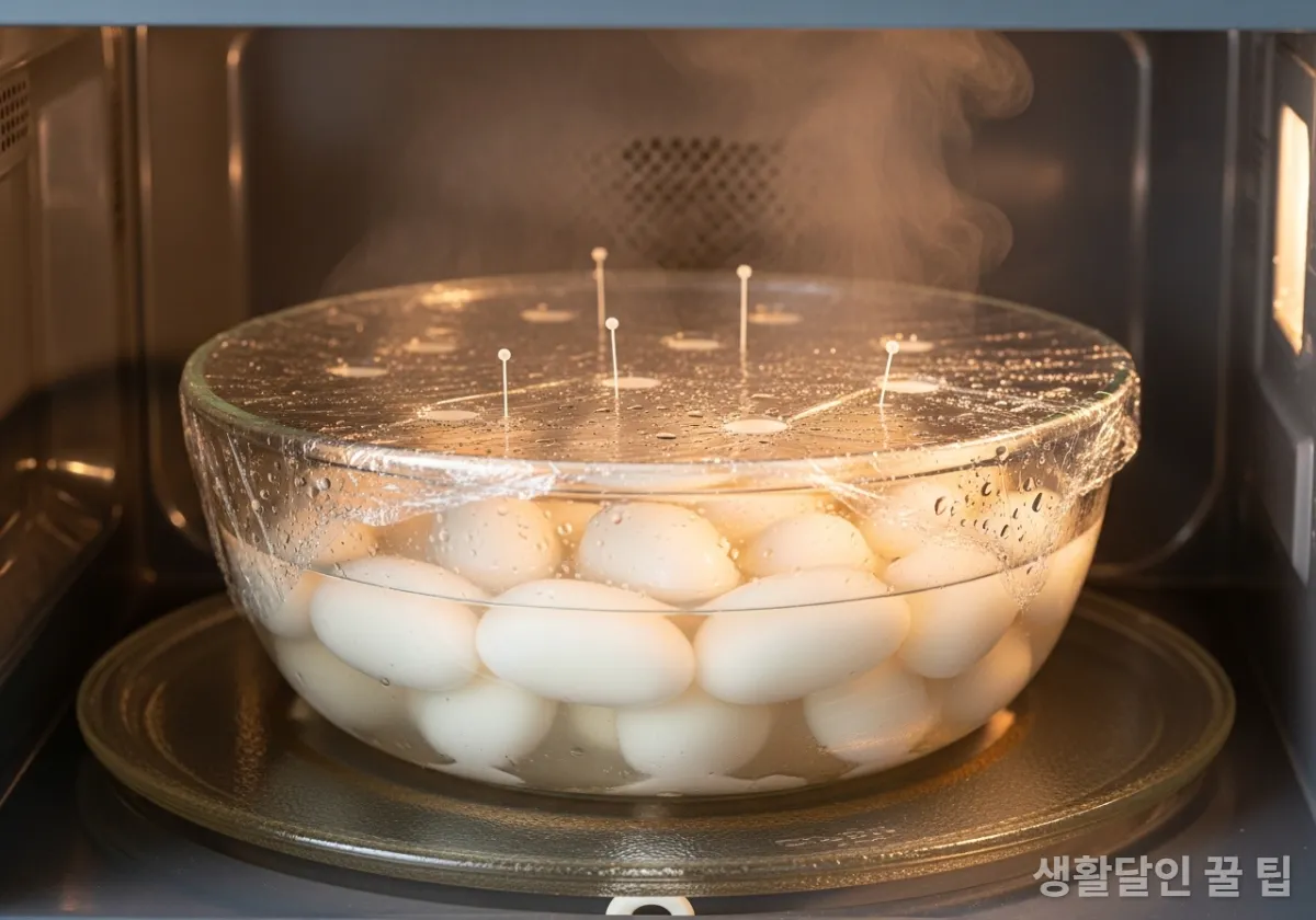 전자레인지 용기에 떡과 물을 담고 랩을 씌워 해동하는 모습