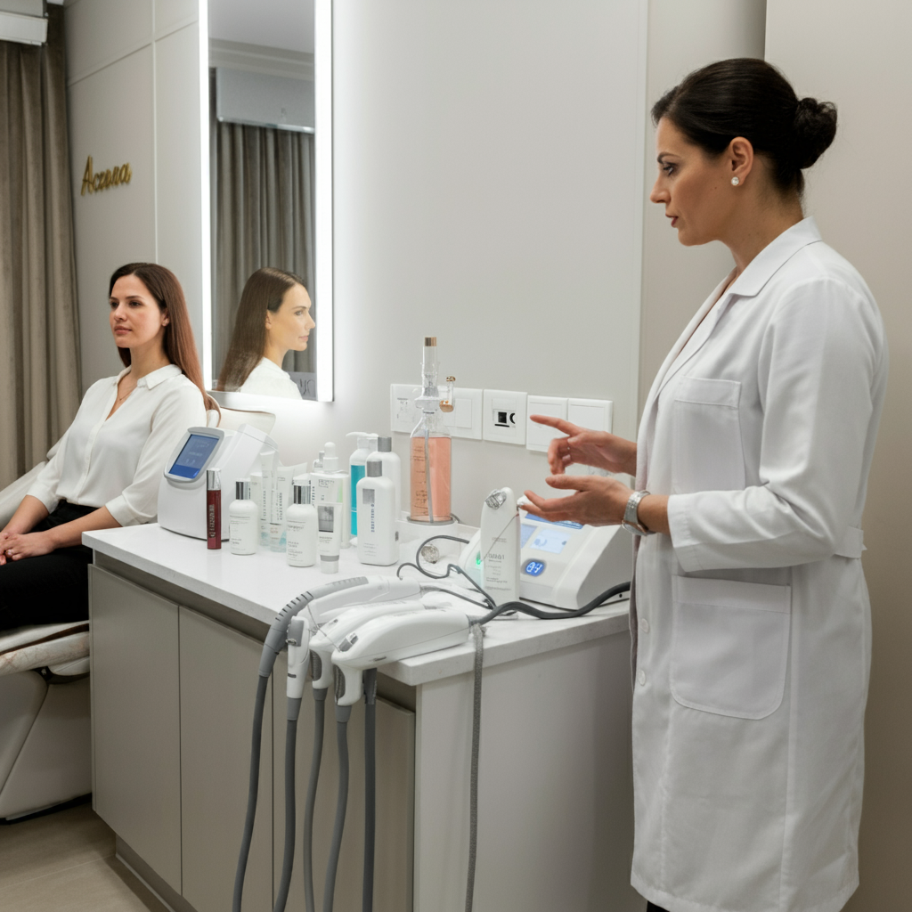피부과에서 여드름 치료를 상담받고 있는 장면, 레이저 기기와 스킨케어 제품이 보이는 깔끔한 진료실