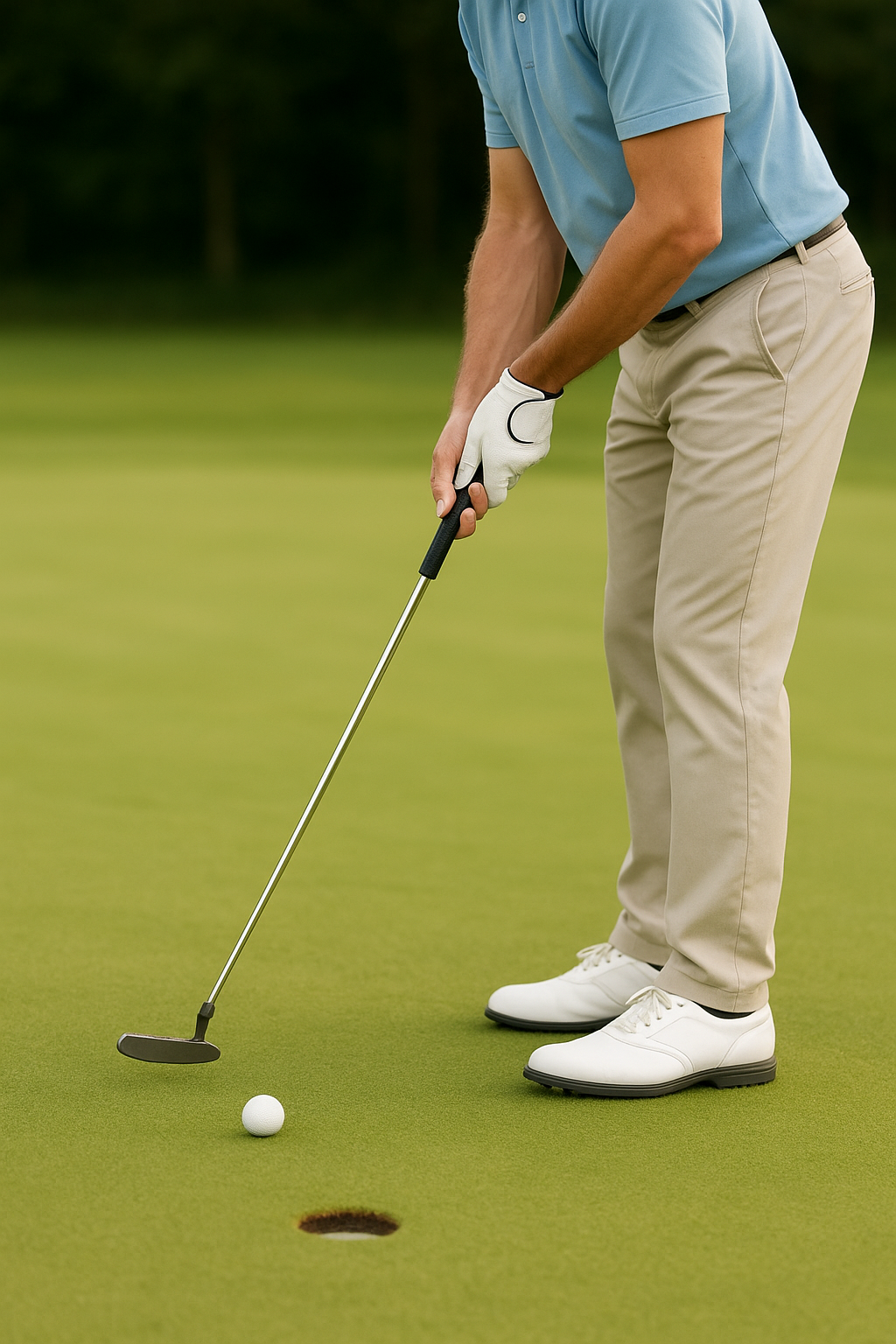골프 퍼터 그립 부드럽게 잡고 부드러운 스트록하는 모습