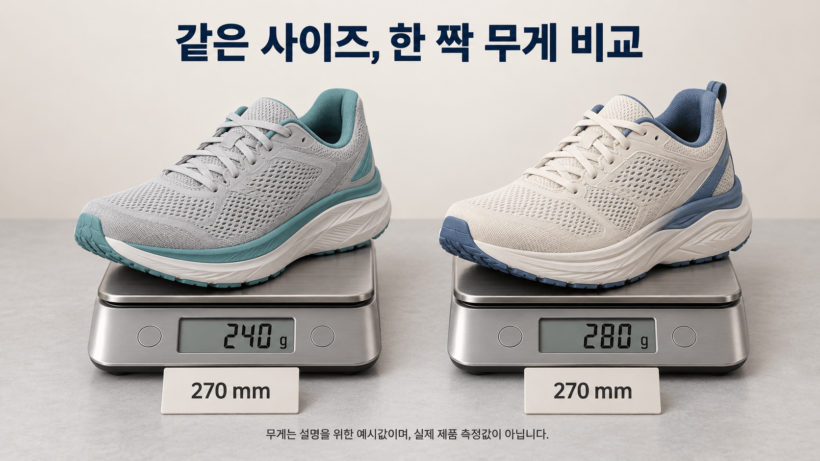 동일한 270mm 사이즈의 러닝화를 전자저울에 한 짝씩 올려 무게를 비교하는 모습. 표시된 240g과 280g은 설명용 예시값입니다