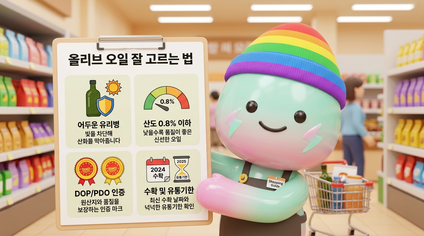 쫀쿠가 친절한 쇼핑 가이드 역할을 하며 진짜 올리브유를 선택하는 교육용 체크리스트를 제시하는 장면. 시각적 아이콘이 있는 네 가지 핵심 포인트: 1) 빛으로부터 보호하는 진한 녹색 유리병, 2) '0.8% 이하'를 보여주는 산도 라벨, 3) DOP/PDO 인증 씰 배지, 4) 수확 날짜와 유통기한이 명확하게 표시됨. 각 포인트마다 한글 텍스트 라벨 포함.