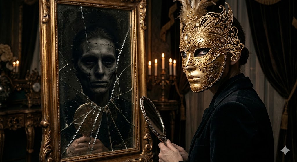 "Depiction symbolizing a narcissist's duality, contrasting a glamorous exterior with an empty interior reflected in a mirror."