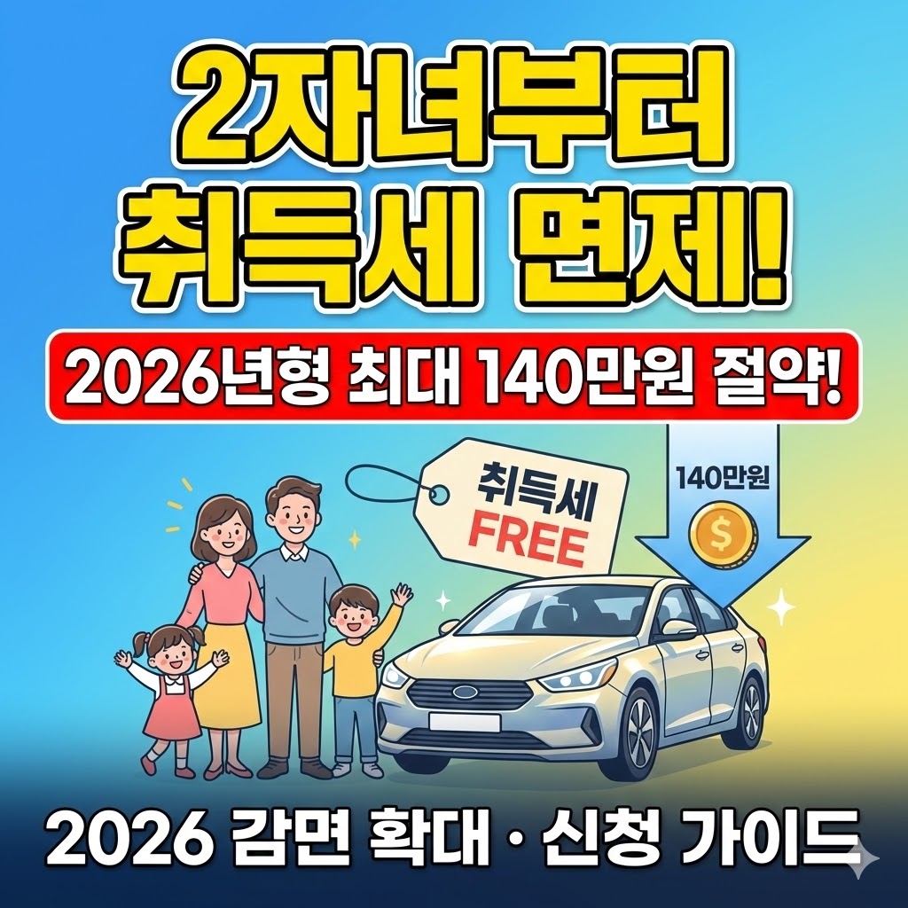 2026년 다자녀 가구 자동차 취득세 감면 대상 및 혜택 요약