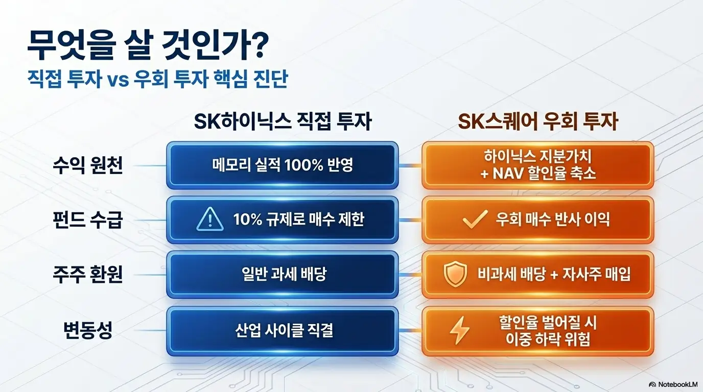 SK스퀘어 주가 전망: SK하이닉스 직접 투자와 SK스퀘어 우회 투자를 수익 원천·펀드 수급·주주 환원·변동성 네 항목으로 비교한 표 이미지. 직접 투자는 메모리 실적 100% 반영이지만 10% 규제로 매수가 제한되고, SK스퀘어는 NAV 할인율 축소와 비과세 배당이 강점임을 설명함