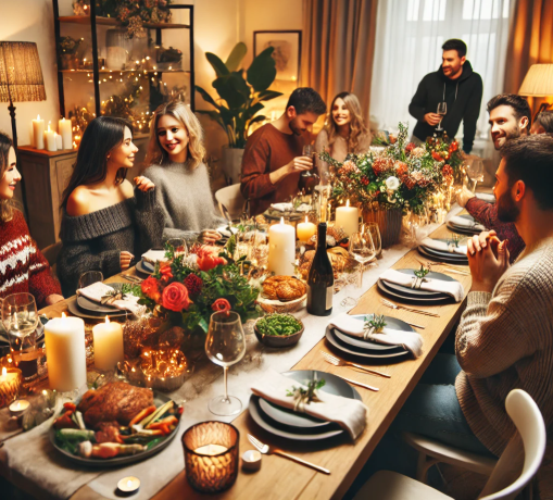 음식이 있고, 홈파티를 하고 있는 모습을 표현한 사진