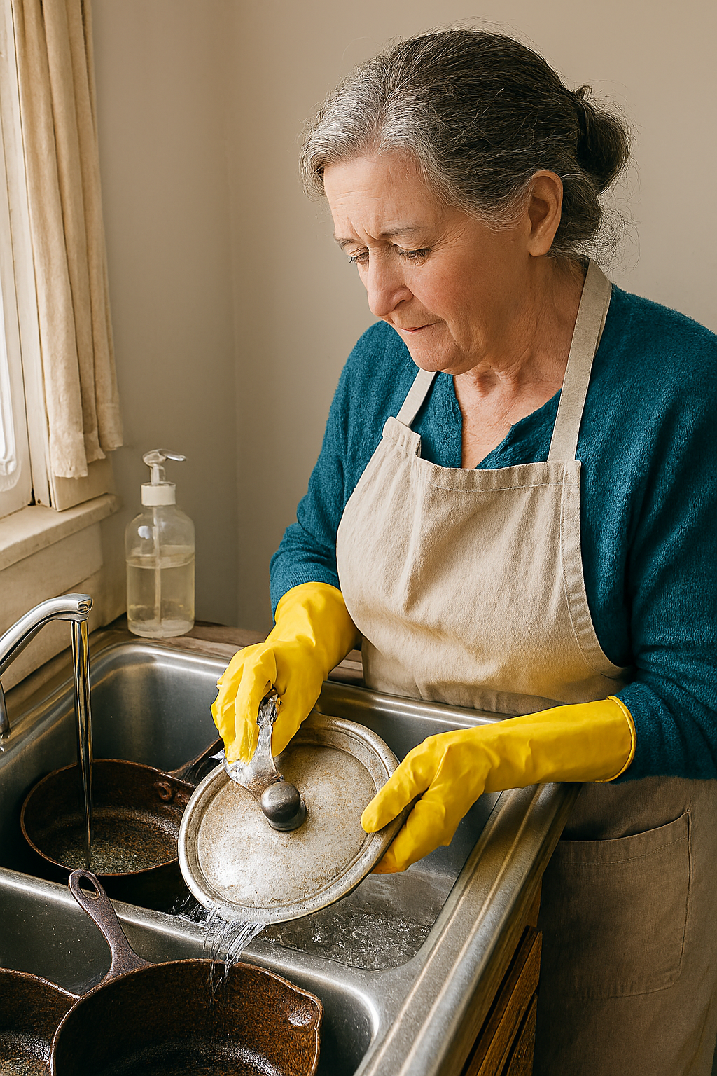 오래된 주방에서 고무장갑을 낀 주부가 낡은 냄비와 프라이팬을 세제로 닦고 있는 모습