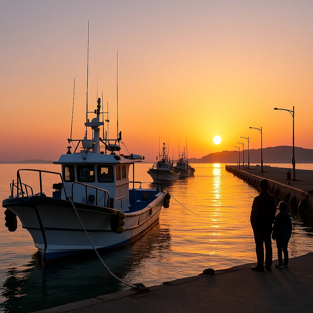 태안 항구에서 해가 뜨는 새벽, 정박한 낚시배와 이를 바라보는 사람들