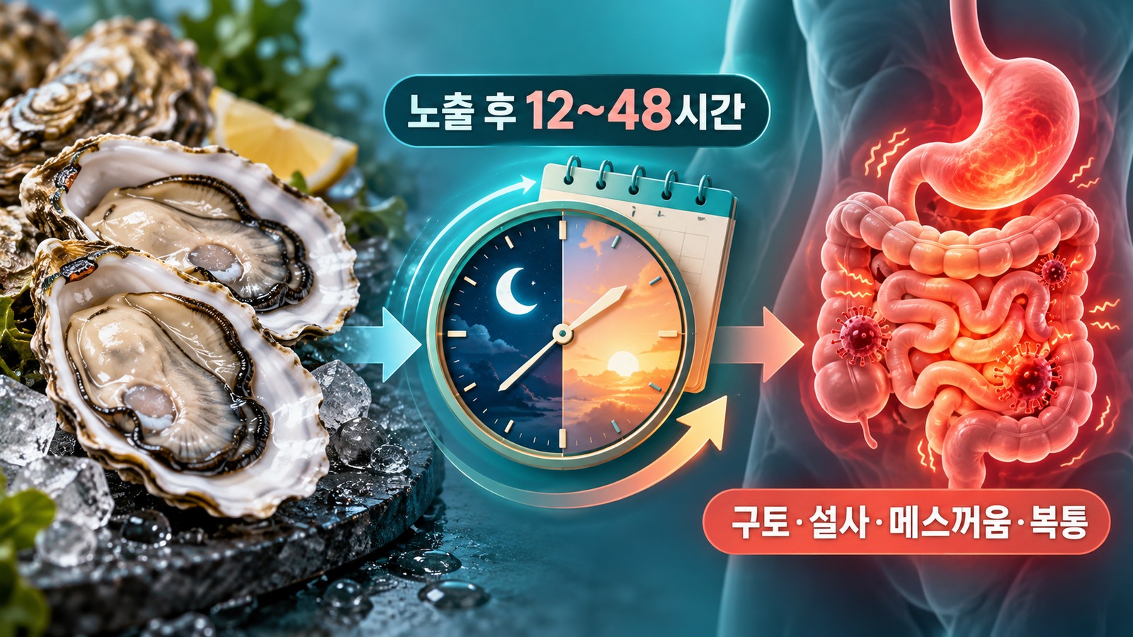 생굴 섭취와 노출 후 12~48시간의 경과 및 구토·설사·메스꺼움·복통을 연결한 교육 인포그래픽