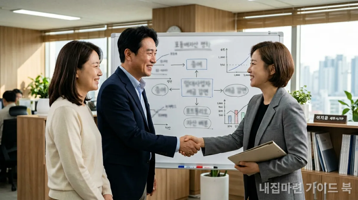 양도세 절세 전략을 상담하며 만족하는 한국인 부부