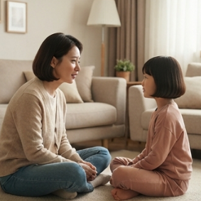아이 눈높이에 앉아 대화하는 엄마