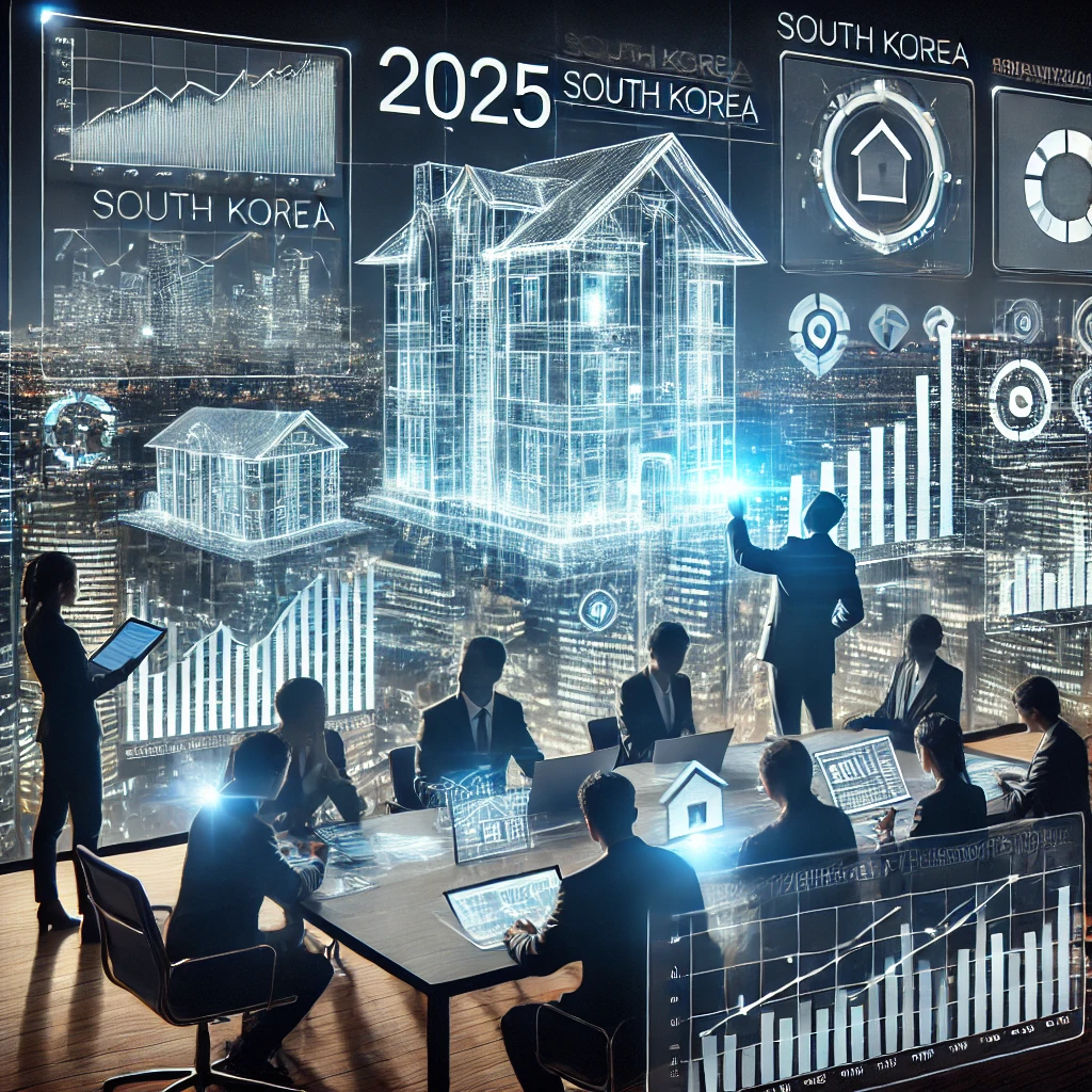투자자들이 홀로그램 차트를 통해 부동산 시장 흐름과 규제 변화를 분석.