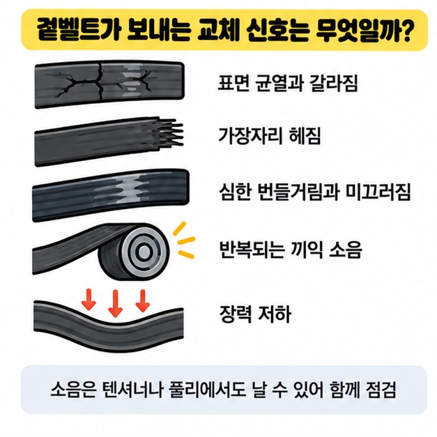 자동차 겉벨트의 균열 헤짐 소음 장력 저하 등 교체 신호를 보여주는 이미지