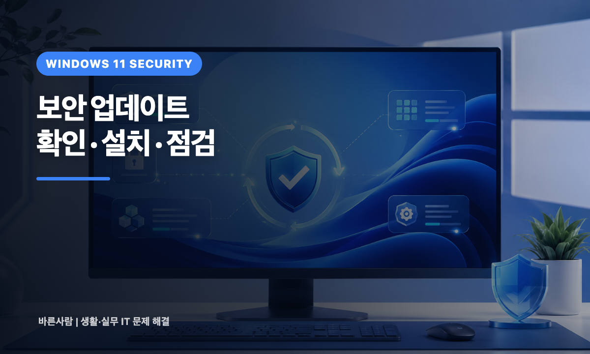 Windows 11 보안 업데이트 화면과 방패·업데이트 화살표를 표현한 안내 이미지
