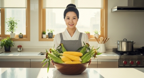 초당옥수수를 껍질 일부만 남겨두는 모습