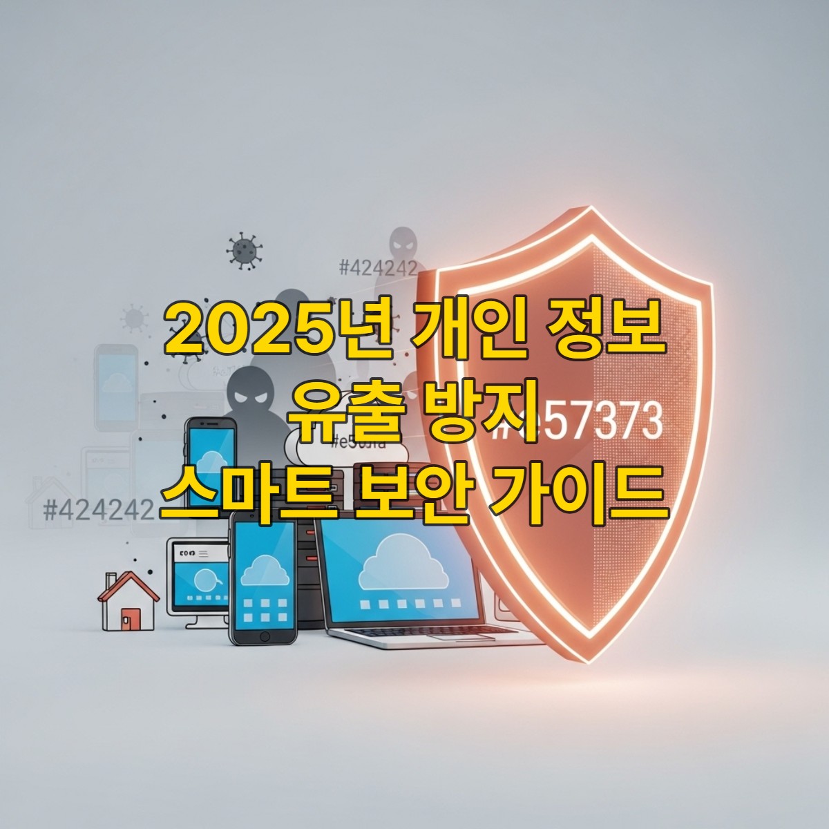 2025년 디지털 세상에서 스마트폰, 노트북, 클라우드 서버, 스마트 홈 기기 등 다양한 디지털 자산을 붉은색 보호막이 안전하게 지키고 있는 모습. 미래지향적인 보안 기술을 상징합니다.