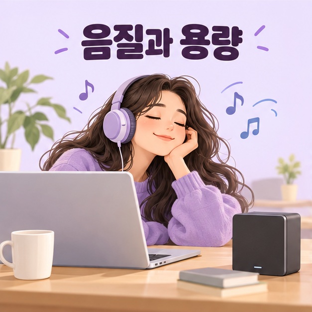 헤드폰으로 음악을 듣는 사람과 음원 용량을 상징하는 저장 장치