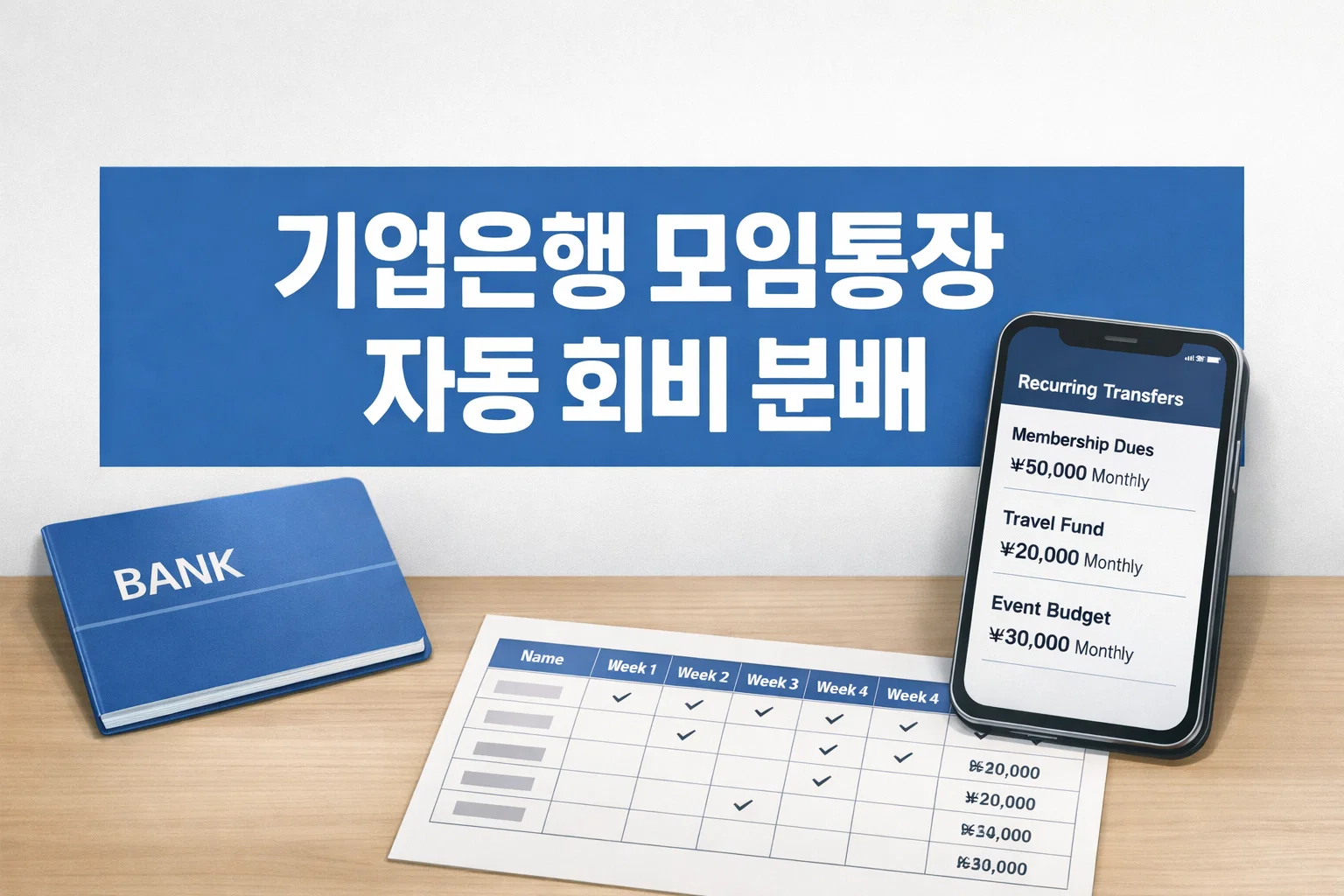 기업은행 모임통장 자동 회비 분배 설정법을 확인할 때 정기 회비 자동이체 흐름과 분배 기준을 함께 이해하도록 보여주는 대표 이미지