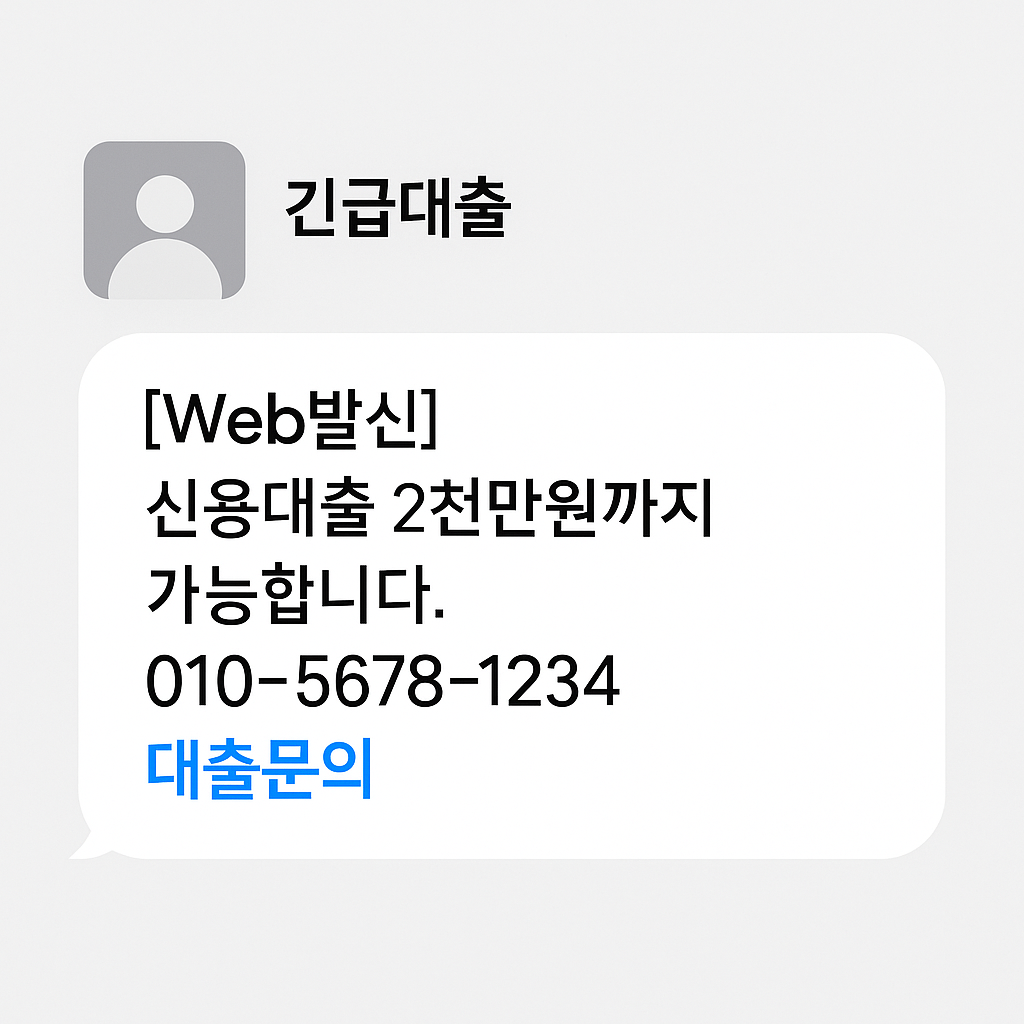 &amp;#39;긴급대출&amp;#39;이라는 발신자 이름으로 &amp;quot;[Web발신] 신용대출 2천만원까지 가능합니다. 010-5678-1234 대출문의&amp;quot;라는 문구가 포함된 문자 메시지 형식의 이미지.